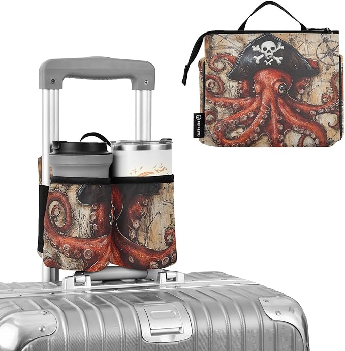 Octopus Pirate and Compass Luggage Cup Holder Travel Portable Free Hand Drink Carrier Suitcase Drinks Beverage Holder Carry-On Bottle Mug Holder Organizer Bag Travelers Accessories