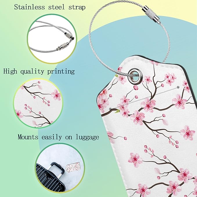 Luggage Tags for Suitcase,2 Pack Japanese Cherry Blossom Tree Luggage Tag PU Leather Privacy Cover ID Label with Stainless Steel Loop for Women Men Teens Travel
