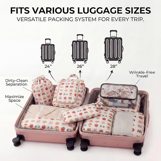 8 Set Packing Cubes for Travel with Clear Toiletry Bag, Durable Luggage Packing Organizers, Carry-On Accessories, TSA Approved See-Through Cubes, Space-Saving Storage Bags, Gifts for Women