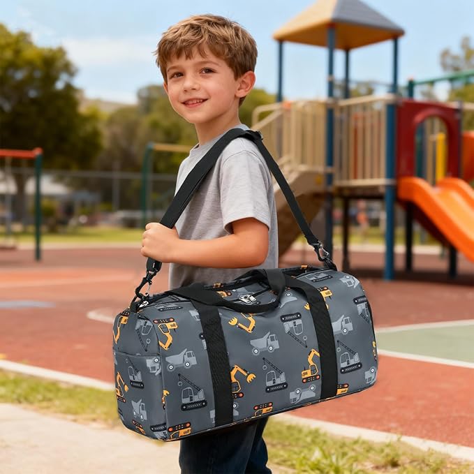 CAMTOP Kids Duffel Overnight Bag Boys Girls Toddler Weekender Carry-On Personalized Tote for Travel Gym Sport (Grey Vehicle)