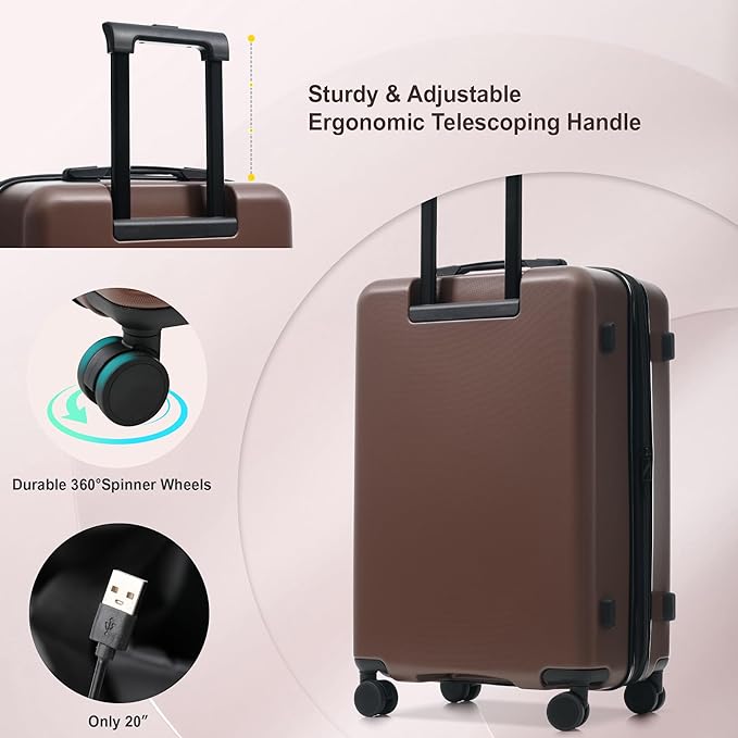 Merax Luggage Sets 5 Piece Front Open, Hardside 20" Carry On Suitcase Set with USB Port,Lightweight Expandable Travel 24" 28" Luggage with Bags TSA Locks Double Spinner Wheels,Brown