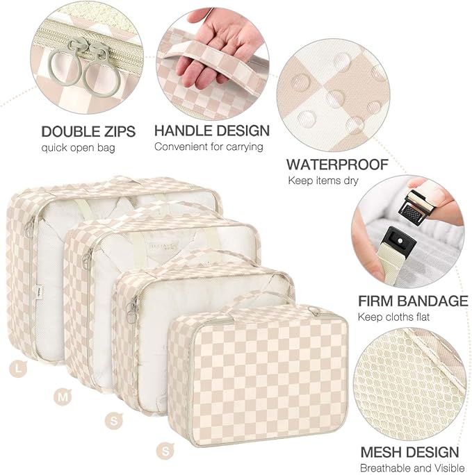 8 Set Packing Cubes for Suitcases,Packing Cube with Shoe, Cosmetics, Clothing, and Accessories Bags Packing Cubes for Travel Luggage Organizer Women Men(Khaki Grid-A)