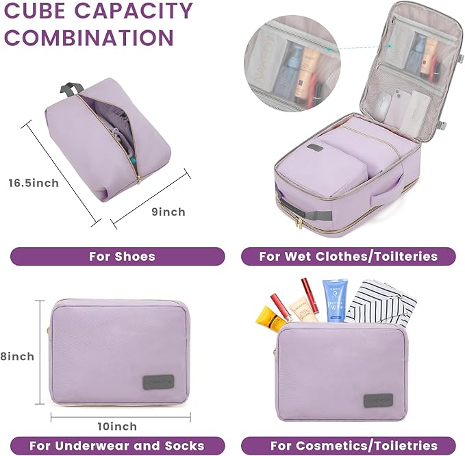 LOVEVOOK 40L Large Travel Backpack for Women Men, 17 Inch Carry on Backpack for Traveling on Airplane, Personal Item Travel Bag Airline Approved, Business Causal Weekender Backpack, Light Purple-Grey