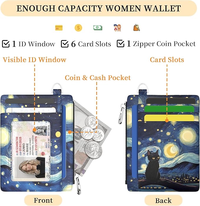 Hancynir Slim Wallet Women Credit Card Holder Black Cat Starry Night RFID Small Mini Card Case Front Pocket PU Leather Thin Travel Zipper Coin Cash ID Window Girls Wallet Gifts
