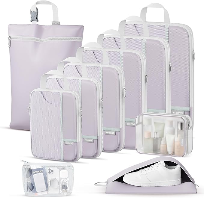 Percover Compression Packing Cubes 10-Piece Set, Packing Cubes Compression for Travel with Toiletry Bag, Laundry Bag & Shoe Bag, All-in-One Travel Organizer for Carry On & Checked Luggage, Purple