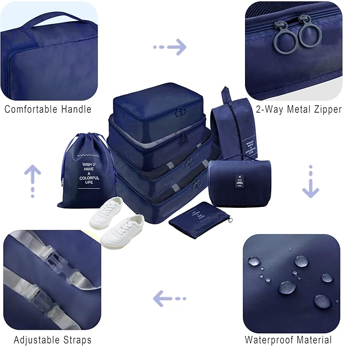 Packing Cubes, 8 Pcs Travel Packing Organizers for Suitcases, Large Capacity Travel Luggage Organizers Set includes 8 Storage Bags, Travel Essentials for Women or Men (Navy Blue)