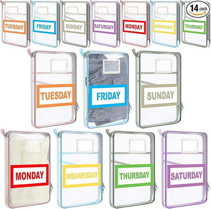 Honoson 14 Pack Packing Cubes for Travel Days of Week Packing Cubes with Labels Clear Zippered Storage Bag for Travel Summer Camp Essentials