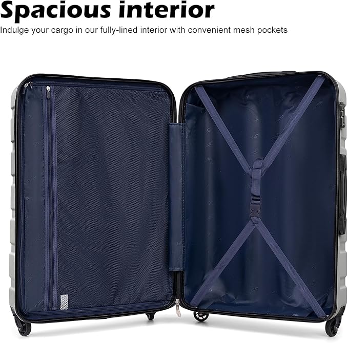Coolife Luggage 3 Piece Set, Lightweight Durable Hardshell Suitcase set with 360° Spinner Wheels, TSA-approved Lock, Checked Family Travel Luggage sets, 20/24/28 Inch, Silver