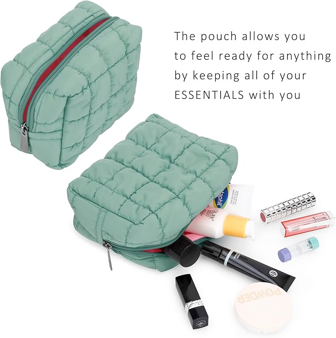 E-Tree Cute Makeup Bag,Quilted Cosmetic Bag,Make up Pouch for Purse,Toiletry Zipper Pouch,Checkered Bag,Travel Case,Storage Pouches for Organization (Green)