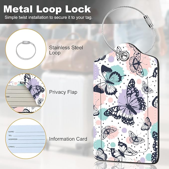 2Pack Luggage Tags for Suitcases, Cute Unique Pu Leather Cruise Luggage Tag with Privacy Cover ID Label Address Card and Metal Ring Suitable for Women Men Kids Travel Bag Colorful Butterfly 1