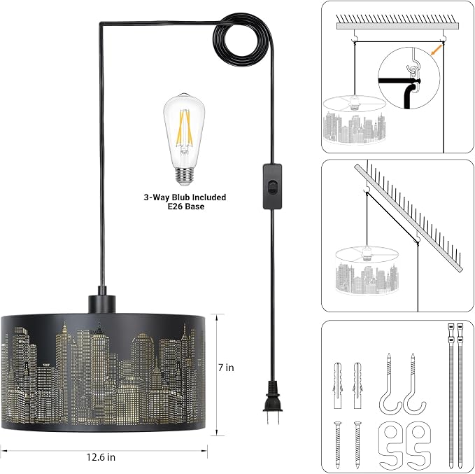 Qingmiao Boho Plug in Pendant Light, Black Shade, 3 Way Bulb, 14ft Cord | Hanging Lamp Plug in, 3-Way Dimmable Hanging Light Fixture for Living Room Bedroom Kitchen Ceiling Home Decor