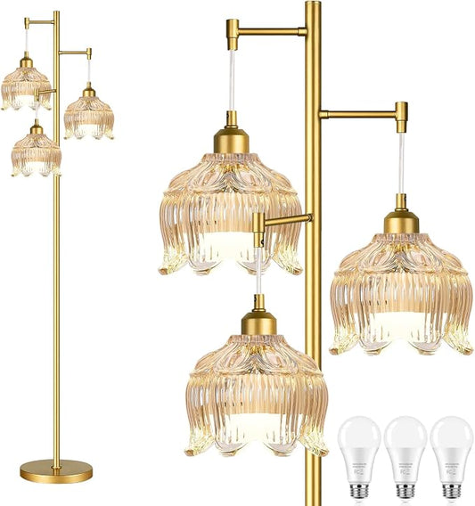ZECOXOL Gold Floor Lamps for Living Room 3 Lights Floor Lamp with Glass Lampshape & Three Led Bulb,Mid Century Standing Lamp Vintage Brass Tall Lamp Tree Floor Lamp for Bedroom Corner