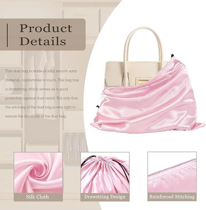 Vonty 3 Pack Silky Dust Bags for Shoes and Purses, Satin Drawstring Bag for HandBags Boots - Pink Shoe Bag Silk Dust Cover Bag Protector Travel Storage Pouch(19.6 x 15.7 In)