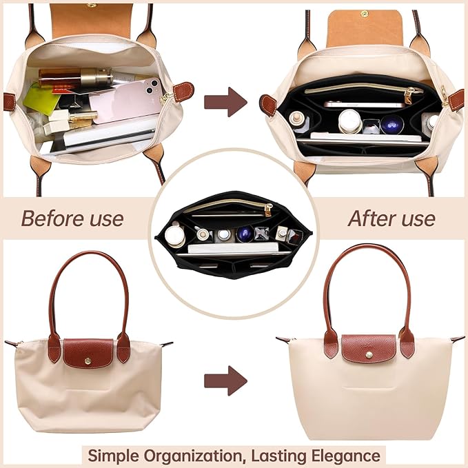 OPPOSHE Purse Organizer Insert for Longchamp Le Pliage, Premium Felt Long Champ Bag Handbag Women, Tote Organizer Insert with 9 Compartments (Large, Black)