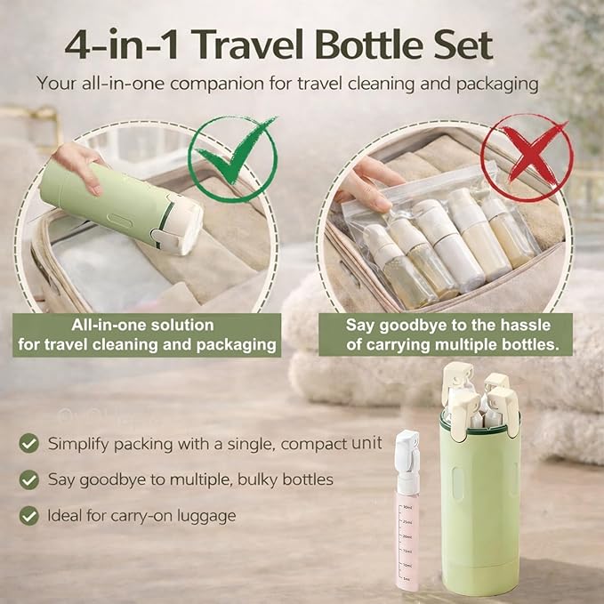 4-in-1 Travel Bottles for Toiletries, Travel Pump Bottle，Leak-Proof Shampoo Conditioner Lotion Dispenser with Pump, Compact No-Spill Toiletry Containers for Travel & Business Trips (Green)