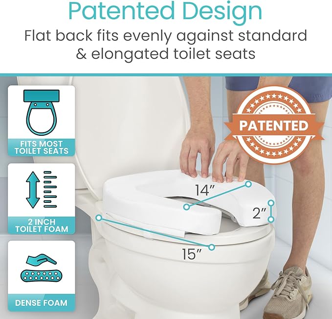 Vive Toilet Seat Riser Cushion for Seniors - Universal Fit - Raised Toilet Seat with High-Density Foam for Elongated & Standard - Firm Handle, Cushioned & Padded - Elevated Medical Handicap Lifter