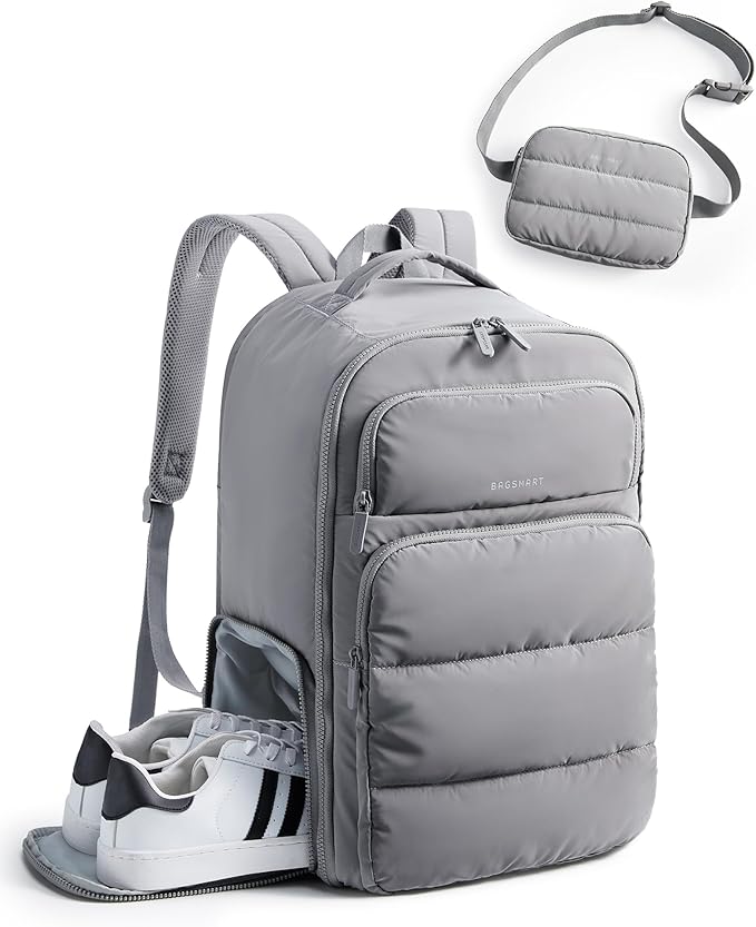 BAGSMART 35L Travel Backpack Women, 17.3 Inch Carry On Backpack Flight Approved, Personal Item Backpack Travel Bag, Water Resistant Casual Daypack, Gray