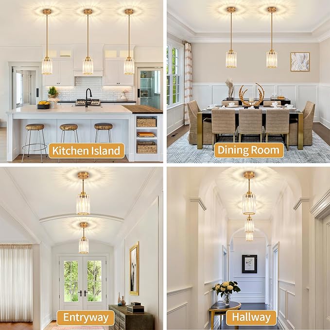 3 Pack Brushed Gold Pendant Lights Kitchen Island Crystal Mini Chandelier | Modern Kitchen Light Fixtures, Adjustable Height Hanging Pendant Lighting for Dining Room Bathroom Hallway Above Sink