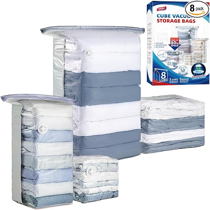TAILI 8 Pack Vacuum Storage Bags, Cube Combo Space Saver Bags (3 Jumbo +5 Medium), Vacuum Seal Bags for Clothing, Bedding, Comforters, Blankets, Home Oragnizer and Closet Storage