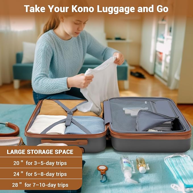 Kono Expandable 28 Inch Luggage with Spinner Wheels, Large Checked Luggage with Lock, Lightweight & Anti-Scratch PC+ABS Hardshell Travel Suitcase, Grey/Brown