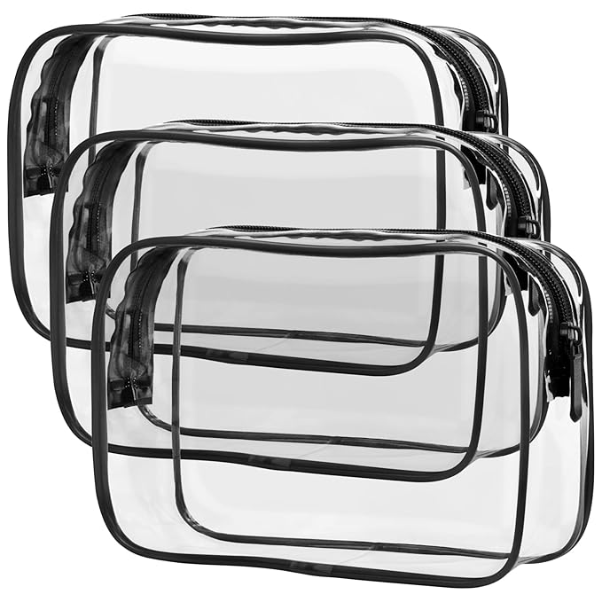 F-color 3 Pack Large Clear Makeup Bag 9.6 Inch, Water Resistant Travel Toiletry Organizer for Full Size Bottles, Cosmetic Storage for Checked Luggage, Black