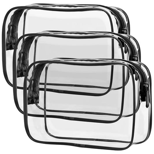 F-color 3 Pack Large Clear Makeup Bag 9.6 Inch, Water Resistant Travel Toiletry Organizer for Full Size Bottles, Cosmetic Storage for Checked Luggage, Black