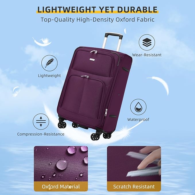 LARVENDER Softside Luggage Sets 5 Piece Expandable Suitcases Set with Spinner Wheels TSA Lock, Lightweight Soft Shell Rolling Travel Luggage Set for Men and Women, Purple