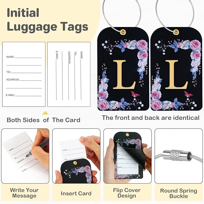 3 Pack Luxury Floral Luggage Tags, Durable PU Leather Suitcase Tags with Stainless Steel Cable Strap, Hidden ID Slot for Privacy Protection, Easy to Identify Waterproof Travel Accessories Gift (L)