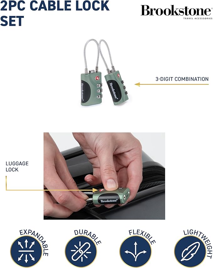 Brookstone Cable Lock - 2 Pack TSA-Approved 3-Digit Keyless Luggage Travel Lock - Resettable Combination Wire Padlock, Vintage Green