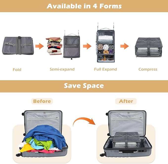 Surblue Hanging Shelves Travel Storage Bag Compression Packing Cube for Suitcase Collapsible with Extension Layer Large Capacity, Grey,XL
