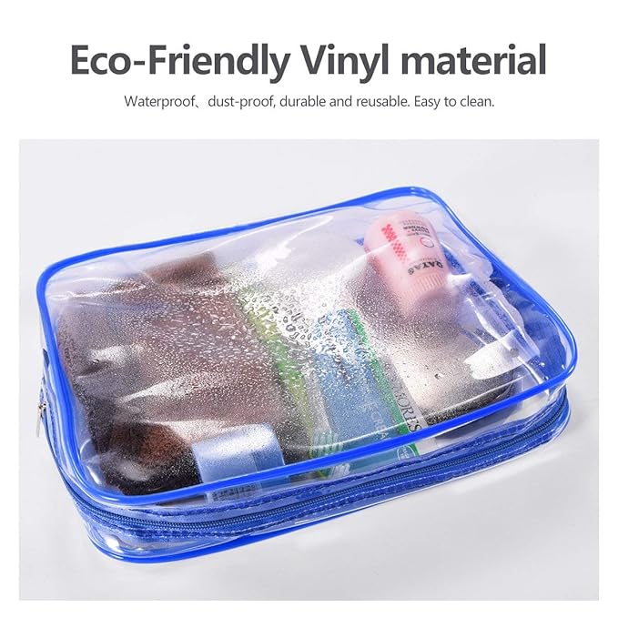 5Pcs Crystal Clear PVC Travel Toiletry Bag Kit for Women Men, Waterproof Vinyl Packing Organizer Storage Bags with Zipper Handle Straps, Cosmetic Pouch Carry on Airport Airline Compliant Bag Handbag