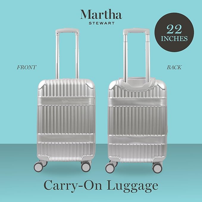 Martha Stewart The Bedford 22 Inch Carry On Luggage, Hardshell Rolling Suitcase with Spinner Wheels, Silver