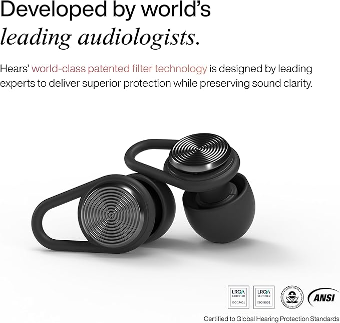 Hears One Ear Plugs for Noise Reduction - Patented Reusable Concert Earplugs, 20dB SNR Sound Reduction, Hypoallergenic for Musicians, Motorcycle and Sleeping with 4 tip Sizes - Silver Night