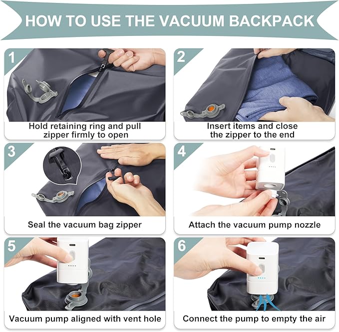 coowoz Vacuum Backpack Travel with Pump,Travel Backpack with Vacuum System For Women Men,Carry On Backpack,Hiking Backpack Waterproof Outdoor Sports Rucksack Casual Daypack,30L(Vacuum pump) Blue