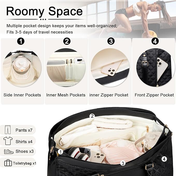 Weitars Weekender Bag Overnight Bags for Women,Duffel Bags for Travel Gym with Shoe Compartment with Toiletry Bags, Large Carry On Hospital Bag for Women Weekend,Getaway,Sport,Workout (Black)