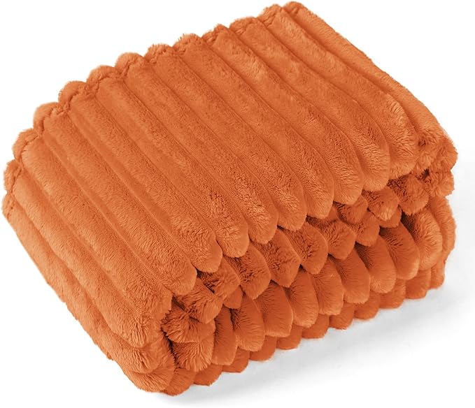 EXQ Home Fall Throw Blanket for Couch or Bed - 3D Stripe Jacquard Decorative Fleece Blankets - Cozy Soft Lightweight Fuzzy Flannel Blanket Suitable for All Seasons(50"×60",Orange)