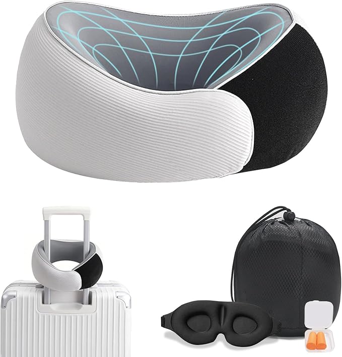 Travel Pillows, 100% Pure Memory Foam Neck Pillow for Airplanes, 360° Head Support, Ergonomic Design, with 3D Eye Mask, Earplugs and Storage Pouch, Airport Travel Essentials for Office, Airplane, Car