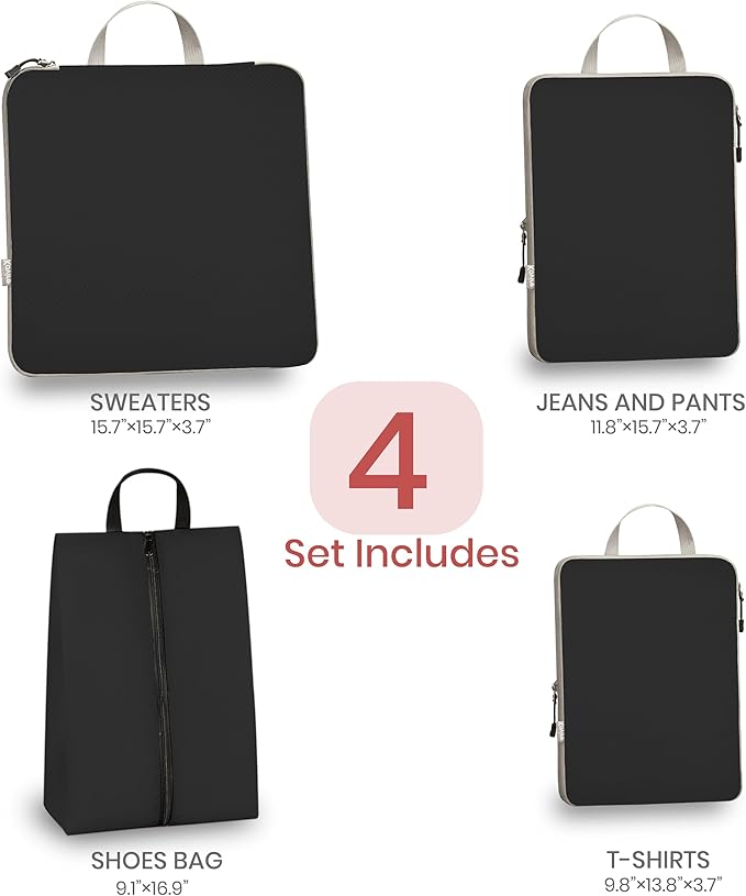 Compression Packing Cubes for Travel, Set of 4 Expandable Luggage Organizers with Shoe Bag, Lightweight Water-Resistant Suitcase Essentials for Carry-on & Checked Luggage, Black