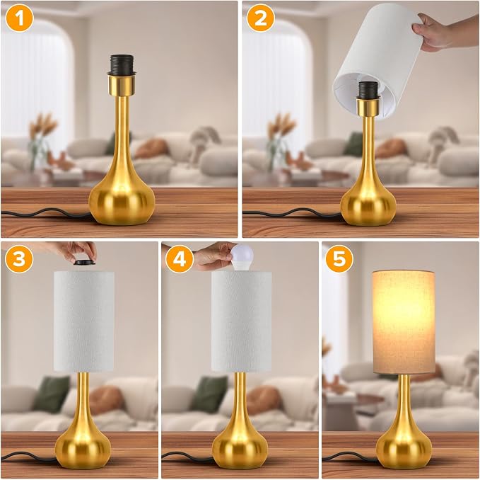 Touch Gold Table Lamp for Nightstand, 3-Way Dimmable, Space Saving & No Assembly Required, Upgraded Small Bedside Lamp for Bedroom, Living Room, Office (Bulb Included)