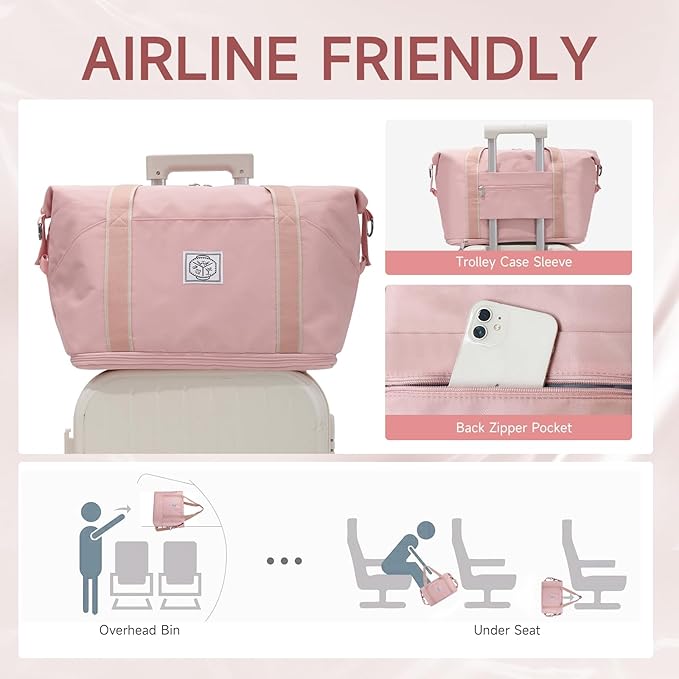 WALNEW Travel Duffel Bag, Weekender Overnight Carry On Bag for Women Men, Foldable Waterproof Gym Luggage Duffle Bag with Metal Buckle Detachable Shoulder Strap and Wet Compartment (Pink)