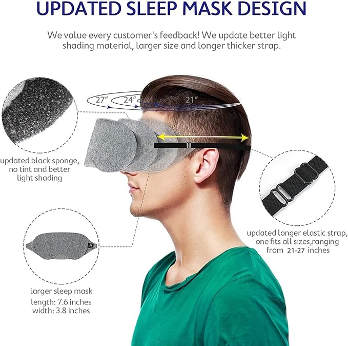 Mavogel Cotton Sleep Eye Mask - Updated Design Light Blocking with Adjustable Nose Bridge, Soft and Comfortable Night Eye Mask for Men Women, Eye Blinder for Shift Work, Includes Travel Pouch, Grey
