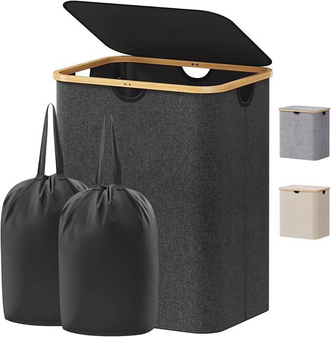Lifewit 120L Laundry Basket with Lid, Clothes Hampers for Laundry with Bamboo Handles and 2 Removable Bag, Large Foldable Laundry Hamper for Bedroom, Bathroom, Dorm, Laundry Room, Dark Gray