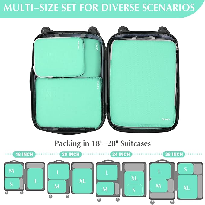 Gonex Compression Packing Cubes, 4pcs Expandable Storage Travel Luggage Bags Organizers (Mint Green)