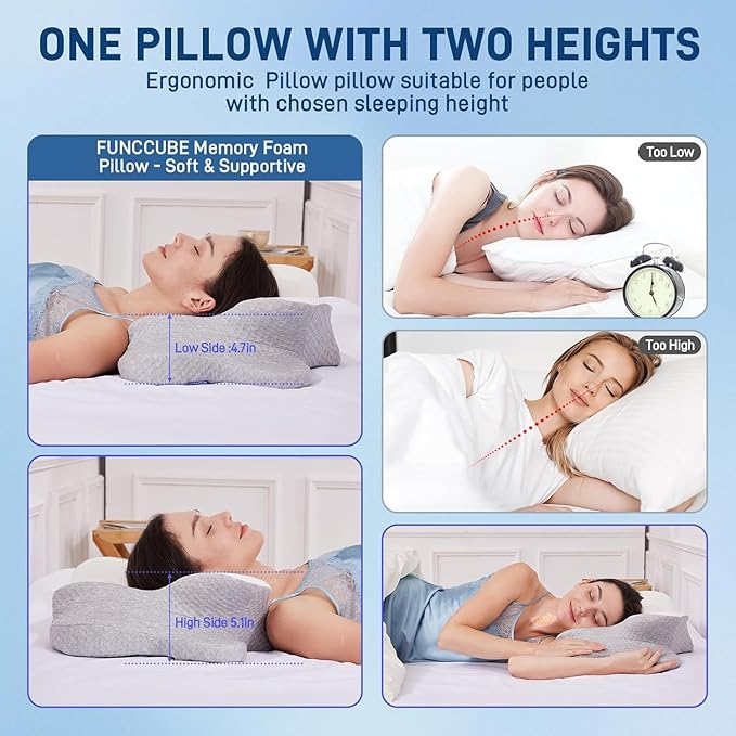 Cervical Neck Pillow - Memory Foam Pillow for Pain Relief Sleeping, Ergonomic Neck Support Contour Pillows for Side Back Stomach Sleepers,Orthopedic Breathable Pillowcase (Grey White)