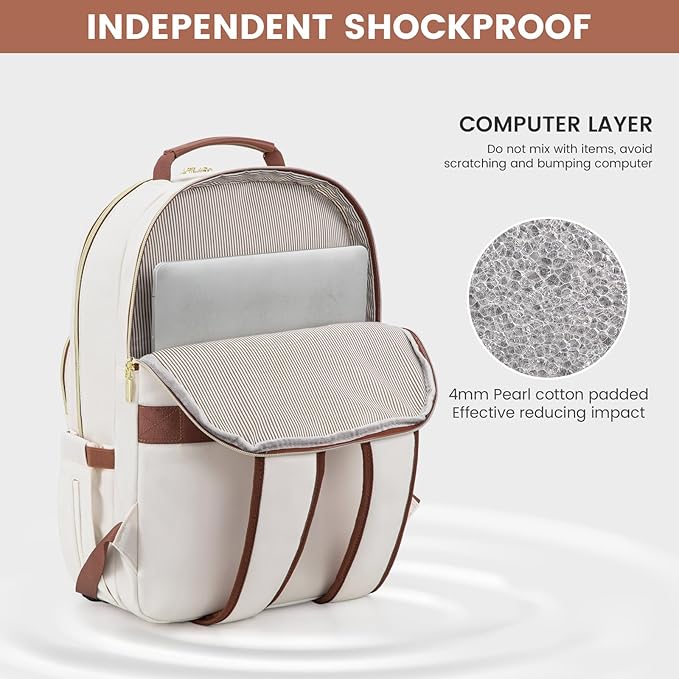 LOVEVOOK Laptop Backpack for Women 17.3 inch,Cute Womens Travel Backpack Purse,Professional Laptop Computer Bag,Waterproof Work Business College Teacher Bag Carry on Backpack with USB Port,White Brown