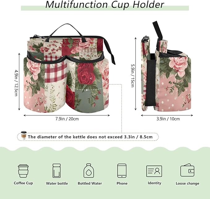 Luggage Cup Holder for Suitcases Free Hands Travel Cup Holder Portable Suitcase Cup Drink Holder Luggage Cup Caddy Bag Carrier Vintage Red Roses Patchwork