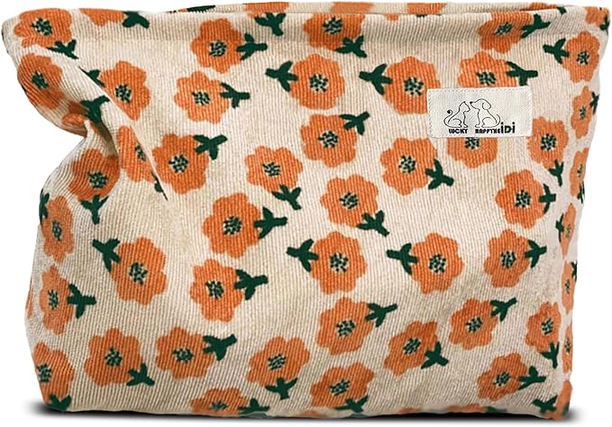 HAPPYHEIDI Women Floral Corduroy Makeup Bag Travel Cosmetic Canvas Pouch Purse Organizer, Cute Beige Flowers