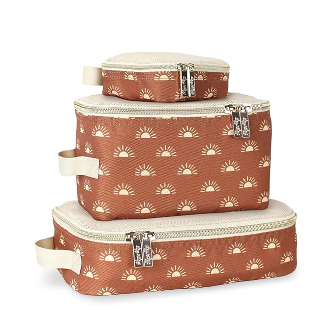 Itzy Ritzy Packing Cubes for Travel – Set of 3 Packing Cubes or Travel Organizers – Each Cube Features a Mesh Top, Double Zippers and a Fabric Handle (Terracotta Sunrise)