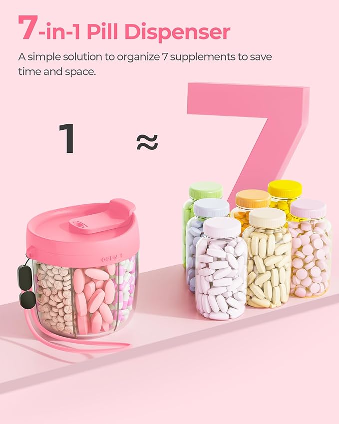 Cute Pill Dispenser with 7 Large Compartments, Portable Pill Bottle Organizer with Wide Opening for Easy Use, Anti-Mix Pill Organizer for Travel, BPA-Free Pill Container, Hot Pink