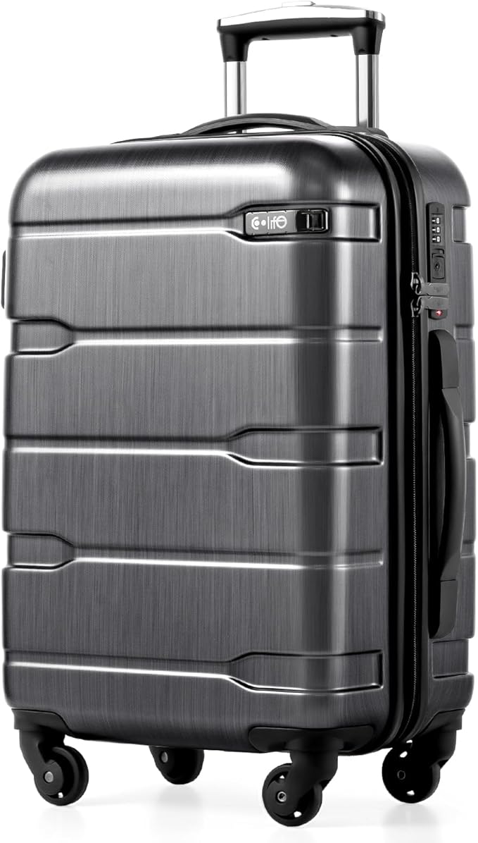 Coolife Carry On Luggage 22x14x9 Airline Approved Hardside PC+ABS Suitcase with TSA Lock, Lightweight Rolling Travel Luggage with Spinner Wheels(Charcoal, 20in)